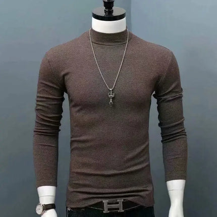 2026 Spring New Men's Turtleneck T-shirt Long Sleeve Slim Fit Solid Color High Elastic Bottoming Pullovers Basic Style Male Tops