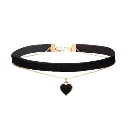 Women Choker Necklace Double-Layer Velvet Choker with Heart Pendant Adjustable Chain Necklace Fashion Jewelry