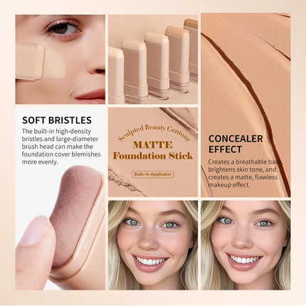 Skin Tint Foundation Stick with Brush Multi Use Matte Waterproof Long Lasting Oil Control Thin Coverage for Blemishes Concealer