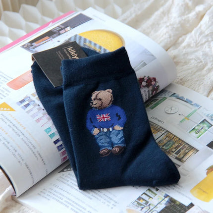 Cute Trendy Cartoon Bear Mid-Calf Cotton Socks for Women Casual Sweater Adult Female Bear Socks Comfortable Breathable Home Wear
