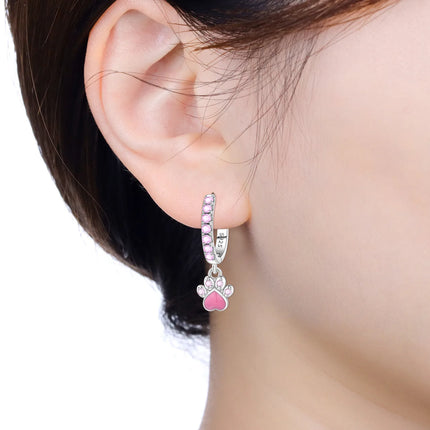Hot Sale Original 925 Sterling Silver Zircon Pink Paw Print Earrings Heart Flower Leaf Design Women Party Jewelry Gift Ear Loops