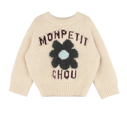 Girls' Letter Flower Pullover Sweater 2024 Spring and Autumn New Korean Children's Fashionable Knitted Sweater Casual Top