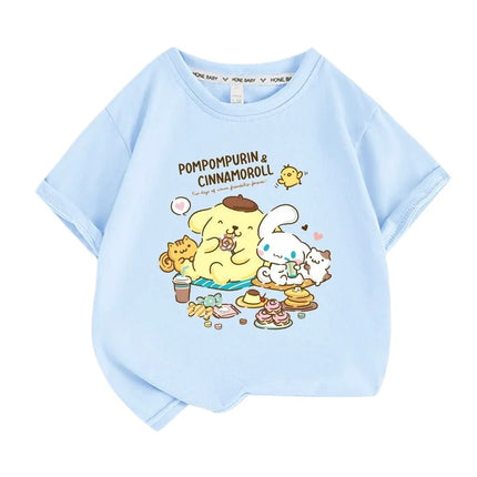 Sanrio Summer Baby Girls 100% Cotton Clothes Kid Children Boys Pompompurin Printed T-shirts Cartoon Short Sleeve Top Outfits