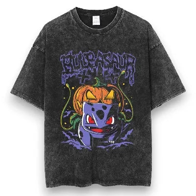 Pokemon Gastly Haunter Gengar Graveyard Print T Shirt Men 2026 Summer Vintage Acid Wash Oversized Tee Anime Streetwear Harajuku