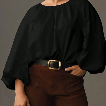 Women Plus Size Round Neck Elegant Solid Tops Lantern Long Sleeve Loose Fashion Blouse Shirt, Button Back