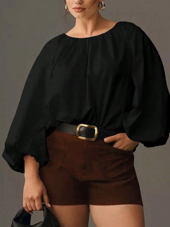 Women Plus Size Round Neck Elegant Solid Tops Lantern Long Sleeve Loose Fashion Blouse Shirt, Button Back