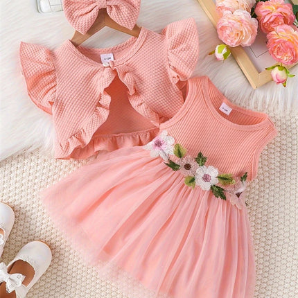 Newborn 2024 Baby Girls Dress Summer Waist Flower Vest Sleeveless Short Top Sweet Girl Lace Mesh Dress