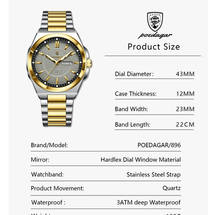 POEDAGAR Top Fashion Men Watches Stainless Steel Waterproof Luminous Classic Male Watch Date Week Men's Quartz Wristwatch Reloj