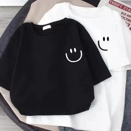 Summer Smiling Face Print Children's T-shirt Short-sleeved Pure Cotton Loose Basic Versatile Base Cool Simple Kid Girl Tees Tops