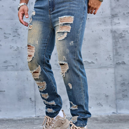 Men Denim Jeans Pants Clothing Trousers Men's Vintage Washed Ripped Straight Leg Denim Jeans