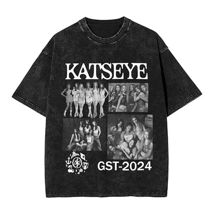 KATSEYE Merch Washed Graphic Print TShirt Men Women Short Sleeve Fashion Tshirts Oversized Crewneck Loose Cotton Tee Streetwear