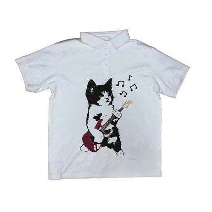 Fashion Trend Y2k Short Sleeve Printed Pattern Top Retro Summer Street Solid Color Polo T-shirt