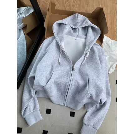 Early Autumn Chic Casual Hoodie Jackets Slim Fit Long Sleeve Cropped Top Zip-up Warm Cardigan Korean Style Hooded Sweatshirt