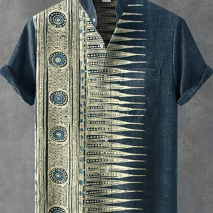 The new men's summer linen short-sleeved shirt features a pattern label. The clothing with artistic patterns, casual shirts.