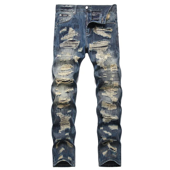 Men Ripped Denim Jeans Holes Distressed Patchwork Beggar Pants Embroidery Loose Straight Trousers