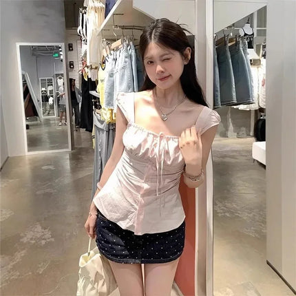 Pure Desire Pink Square Collar Short Sleeve Women's Shirt Summer Slim Fit Sweet And Spicy Girl High End Versatile Casual Waist C