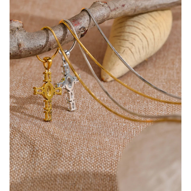 Yhpup Delicate AAA Cubic Zirconia Cross Pendant Necklace Gift Gold Platinum Color PVD Plated Premium Classic Shiny Chic Jewelry
