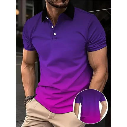Men's 3D Fashion Gradient Polo Shirt, Lapel Golf Shirt, Short Sleeved Printed Button Up Clothing