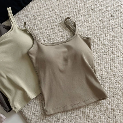 Women's Vest with Built-in Bra Pad Elastic Ribbed Square Collar Csole Tank Top ort Length  Color Versatile Summer F...