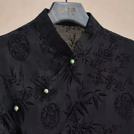 Retro Thin Shirt New Chinese Style Slanting Lapel Cheongsam Top 2025 Summer Black Jacquard Short Sleeve T-shirt Women's Clothing