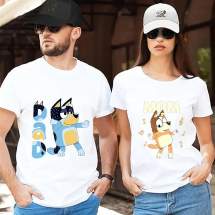 Blueys Bingo Dad Mom T-Shirts Cute Cartoon Tops Summer Parent-child Clothing Adult Anime Figure Black White Tee Family Clothes