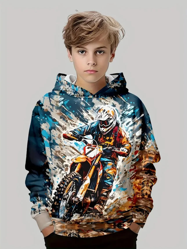 Child Sweatshirt Boys' Fashion Motocross Racing 3D Printed Casual Hoodie Long Sleeve Polyester Sport Tops Pullover Kids Clothes