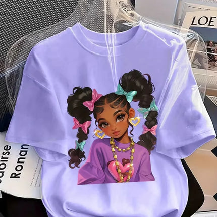 Girls' Summer Crew-Neck Short-Sleeved Top New Black Girls Cute Top Girls Clothes Cartoon Print T-Shirt Top Children's Clothing