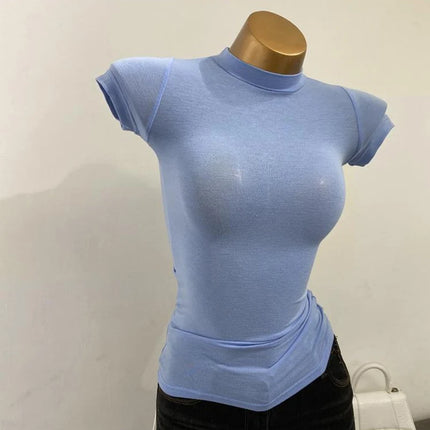Korean Transparent Short-Sleeved Slim-Fit Elastic Solid Color Bottoming T-shirt with Half-High Collar - Sexy Big Chest T-shirt