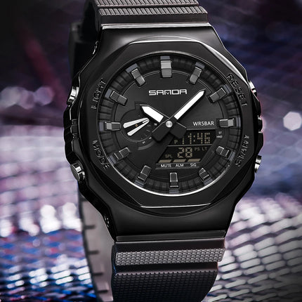 SANDA 3167 Top New Style Men's Casual Military Outdoor Sport Wrist Watch Quartz 50M Waterproof Fashion Dual Display Men's Watch