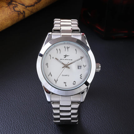 A quartz wristwatch with a stainless steel strap and personalized dial, equipped with a date display function. The simple and atmo