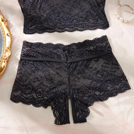 Women Black Open-Back Lace Two-Piece Panties Underwear Sleep Set