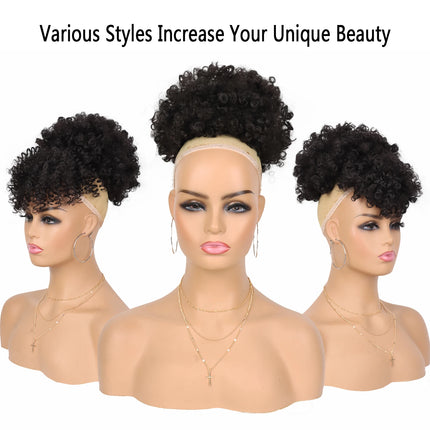 Synthetic Afro Puff Drawstring Ponytail with Short Kinky Curly Bun with 2 Replaceable Bangs Pineapple Updo Hair for Black Women