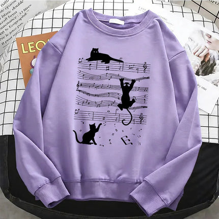 Japanese Style Music Cat Womens Solid Hoodies Basic Warm Fleece Sweatshirt Soft Streetwear O-Neck Pullover Casual Female Clothes