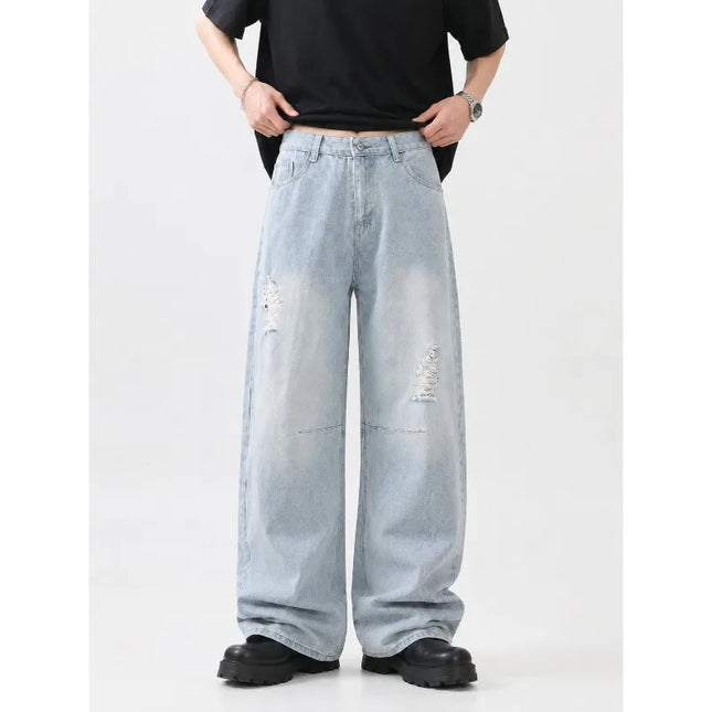 Men's American High Street Baggy Jeans 2026 Summer New Light Wash Distressed Knife Cut Wide Leg Casual Denim Pants