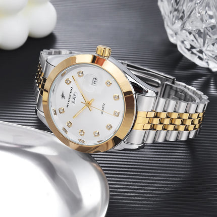 Men's quartz wristwatch with color blocked metal strap, diamond inlaid dial, dual calendar display design, light luxury texture,
