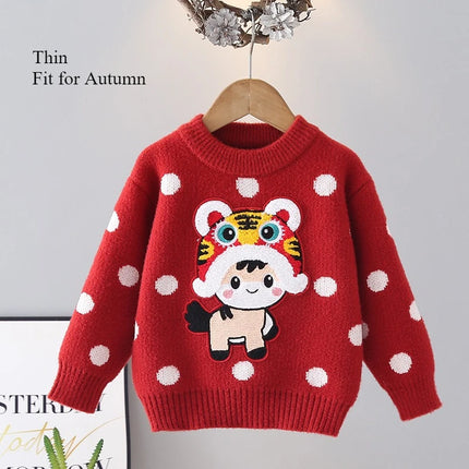 Chinese Style Element New Year Red Sweaters for Kids Girl Princess Festive Children Knitting Outertwear Flocking Clothes IY12192