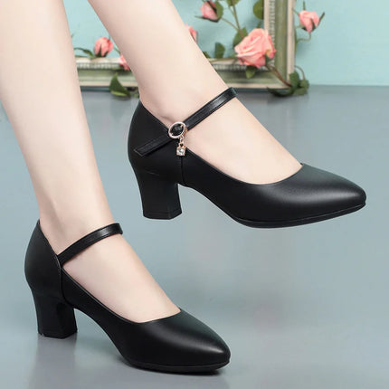 Women Fashion Sweet Red Comfort Buckle Strap Square Heel Pumps Lady Casual Black Pu Leather Office High Heel Shoes Spring Autumn