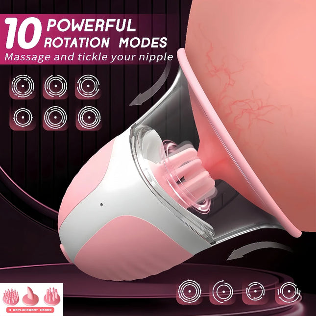 10 Modes Breast Massager with Suction Vibration Rotation - Female Nipple Stimulator, Multi Powerful Breast Suction Massager