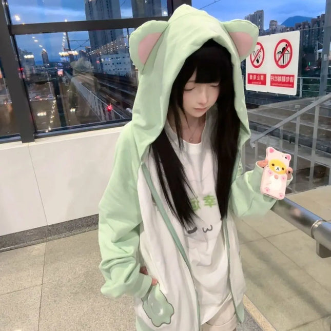 Japanese Hoodies Coats 2025 Ropa Mujer Cute Sweatshirts Preppy Style Contrast Color Casual Hooded Y2k Tops Chic Oversized Hoodie