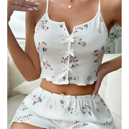 New Hot Sale Of The Season Heart Pattern Color Block Sleepwear Set with Slit in Front Strap Women's Vest Tops Non-Stitched Exte