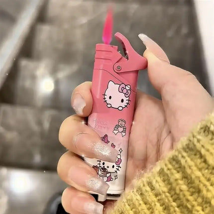 New Butane Gas Lighter Hello Kitty Inflatable Lighter Pink Flame Metal Lighter High Beauty Gift Small Gift