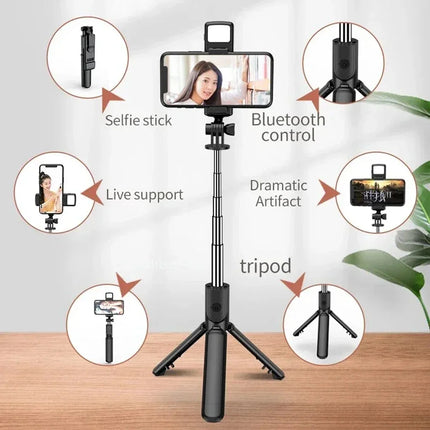 3In1 Bluetooth Selfie Tripod with Fill Light Shutter Remote Portable Foldable Monopod for iPhone Smart Phone