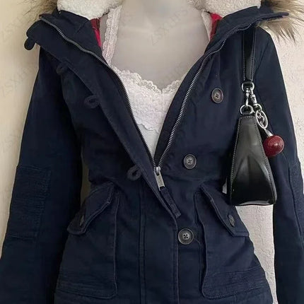 Y2K Street Gothic Slim Fit Zip Up Hooded Jacket Women Blue Frayed Edge Hooded Parka Trendy Retro Fashionable Warm Winter Wear