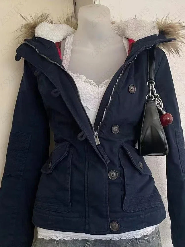 Y2K Street Gothic Slim Fit Zip Up Hooded Jacket Women Blue Frayed Edge Hooded Parka Trendy Retro Fashionable Warm Winter Wear