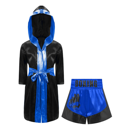 Boys Girls Halloween Carnival Boxer Cosplay Costume Boxing Robe Outfit Long Sleeve Satin Pugilism Hooded Cloak with Belt Shorts