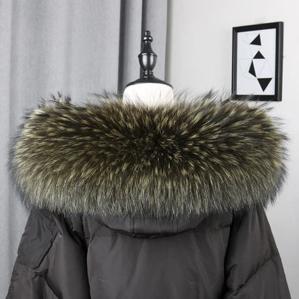 100% Real Fur Collar Luxury Warm Natural Raccoon Fur Scarf Women Genuine Fur Collar Scarves Large Fur Shawl Male Jacket Coat