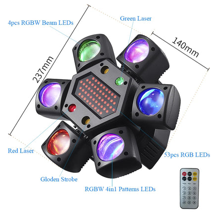 Six Arms RGBW LED Beam Moving Head Light DMX Pattern Strobe Laser Stage Lighting Remote Control Disco Halloween Xmas DJ Lights