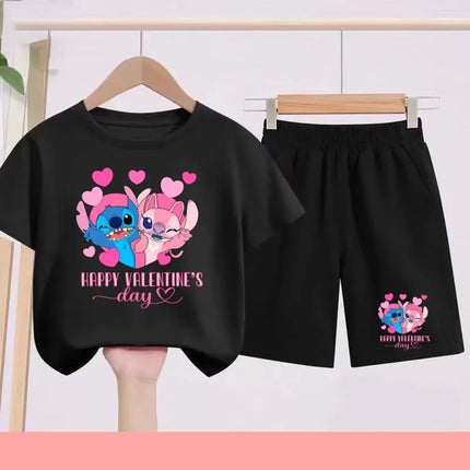 Disney 2026 Summer Round-neck Short-sleeved Set Girl Stitch Printed T-shirt Fashion Child Top+Shorts Casual Daily Sportswear Set