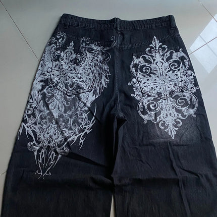 vintage style printing black baggy jeans harajuku trend men women hip hop fashion casual Joker couple Wide-leg pants streetwear