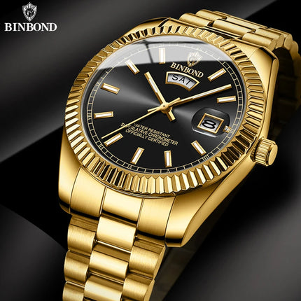 BINBOND Men's Quartz Watch Top Brand Sports Quartz Men's Watches Stainless Steel Waterproof Date Week Wristwatch Men Relogio